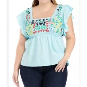 Crown & Ivy Boho Blouse 4X‎ Embroidered Square Neck Babydoll Lined Festival